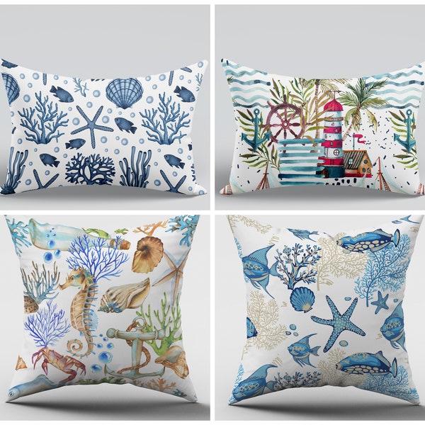 Outdoor Beach Pillow Cover|Coastal Pillow Cover|Outdoor Cushion Case|Nautical Cushion|Coral Throw Pillow|Beach Lumbar Pillowcase