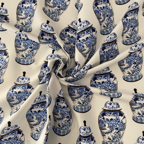 Vintage Ink Tile Vases Fabric by the yard, Chinoiserie Fabric, Blue White Fabric, DIY Fabric, seat fabric, print fabric