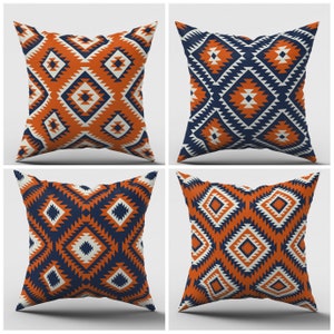 Southwestern Pillow Covers|Orange Blue Cushions|Aztec Ethnic Throw Pillow|Brick Color Home Decor|Geometric Lumbar Case|Farmhouse Style Cover