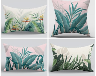 Outdoor Tropical Pillow Cover|Pink Tropical Lumbar Pillow|Outdoor Cushion Case|Watercolor Leaf Pillow|Beige Tropical Lumbar Pillowcase