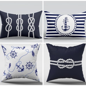 Outdoor Nautical Pillow Cover|Blue Pillow Cover|Outdoor Cushion Case|Nautical Rope Decor|Anchor Home Decor|Navy Blue Lumbar Pillowcase