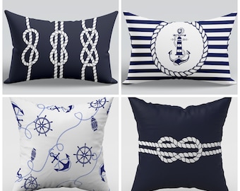 Outdoor Nautical Pillow Cover|Blue Pillow Cover|Outdoor Cushion Case|Nautical Rope Decor|Anchor Home Decor|Navy Blue Lumbar Pillowcase