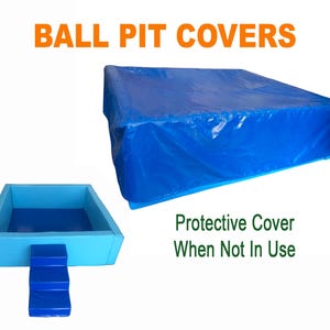 May include: Two images of a blue ball pit with a matching blue protective cover. The ball pit has a square shape with a set of steps. The cover is a solid blue colour and is designed to protect the ball pit when not in use.