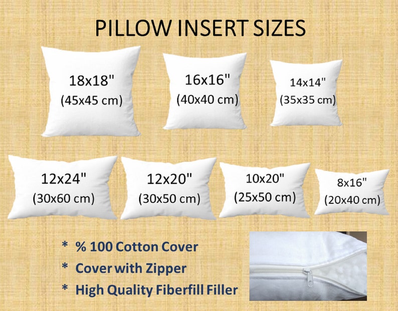 May include: White pillow inserts in various sizes: 18x18 inches, 16x16 inches, 14x14 inches, 12x24 inches, 12x20 inches, 10x20 inches, and 8x16 inches. Features include 100% cotton cover, a zipper, and high-quality fiberfill.