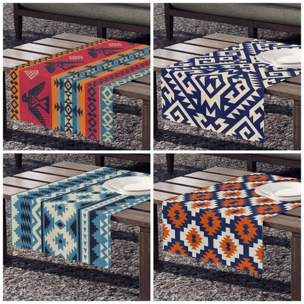 Southwest Table Runner|Brick Color Table Runner|Blue Aztec Kitchen Decor|Native America Table Cloth|Long Table Runner|Rug Design Runner