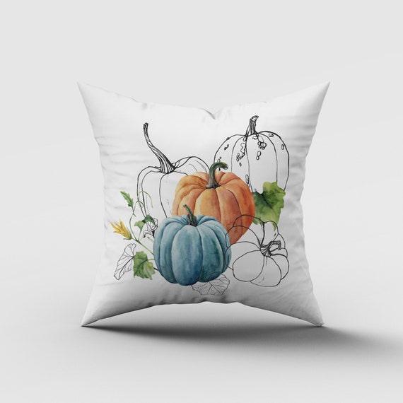 Fall Pillow Cover Autumn Pillow Case Blue Pumpkin Pillows Fall Leaves With Pumpkin Fall Outdoor Pillow Fall Cushion Cover Etsy
