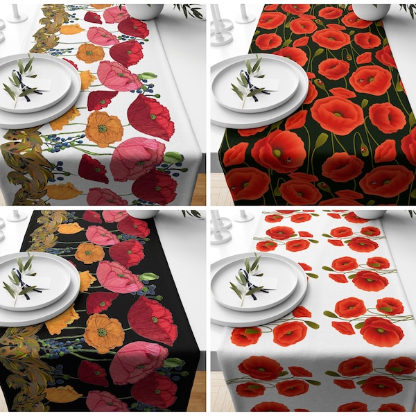 Poppy Table Runner|Outdoor Poppy Table Runner|Red Poppies Table Decor|Red Floral Home Decor|Poppy Dinig Table Runner|Poppy Kitchen Decor