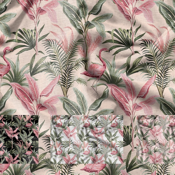 Tropical Outdoor Fabric by the yard, Flamingo Upholstery Fabric, Plant fabric, Colorful Floral fabric, seat fabric, digital print fabric