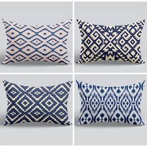 Ikat Pillow Covers|Blue Southwestern Pillow Case|Blue Aztec Ethnic Throw Pillow|Rectangle Cushion|10x20 12x24 16x24 Lumbar Pillow Cover