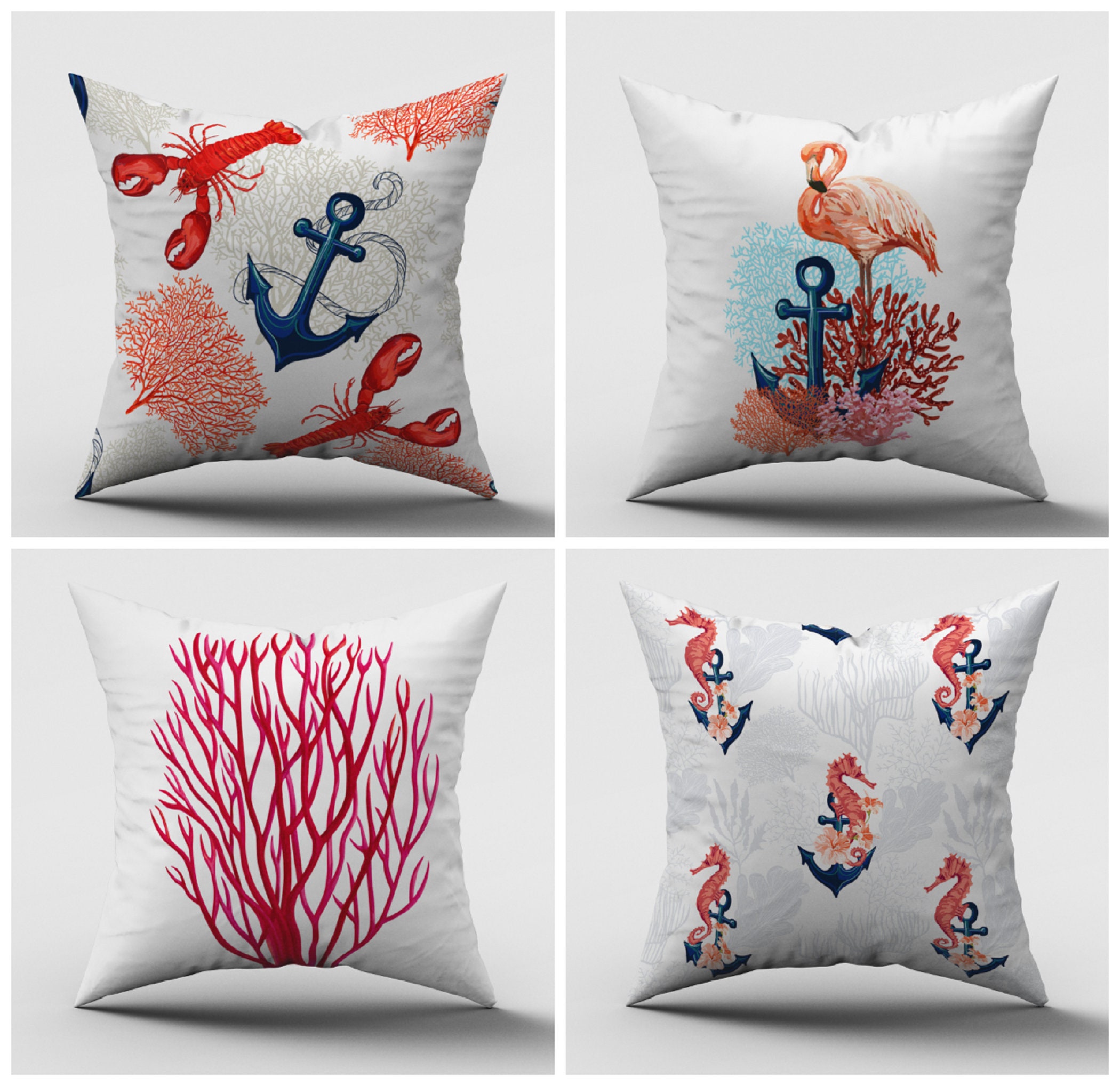 Tritard Nautical Coastal Throw Pillow Covers 18x18 Set of 2 Beach Themed  Ocean Seashell Coral Starfish Velvet Couch Decorative Pillow Cases Outdoor