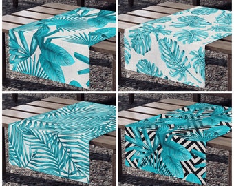 Turquoise Table Runner, Outdoor Leaf Table Runner, Teal Tablecloth, Monstera table runner, Plant Table Runner, Turquoise Leaf Table Runner