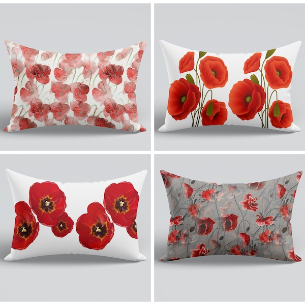 Poppy Pillow|Red Poppy Lumbar Pillow Cover|Red Gray Floral Decor|Poppy Throw Pillow|Poppy Cushion Case|Spring Decor|Both Side Lumbar Pillow