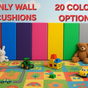 May include: Colorful wall cushions in red, blue, purple, pink, yellow, green, gray, and blue. The image also shows a wooden toy ladder with colorful rings, a white bunny, a teddy bear, and toy cars on a patterned rug. Text reads "WINLY WALL CUSHIONS" and "20 COLOR OPTIONS."