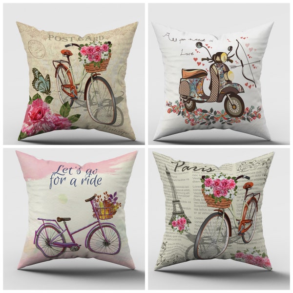 Bicycle Throw Pillow Cover|Bike Cushion Case|Bike Pillow|Bicycle Pillow|Bicycle Decor|Double Side Pillow|Floral Cyclist Gift|Gift for Him