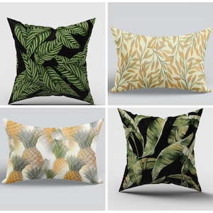 Outdoor Pillow Cover|Tommy Bahama Lumbar Pillow|Tropical Lumbar Pillow Case|Black Green Leaves Cushion|Yellow Leaves Pillow|Pineapple Decor