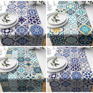 Tile Pattern Table Runner, Blue table runner, Spanish Table Runner, Moroccan Tile Table runner, Blue White Kitchen Decor, Navy Blue Runner