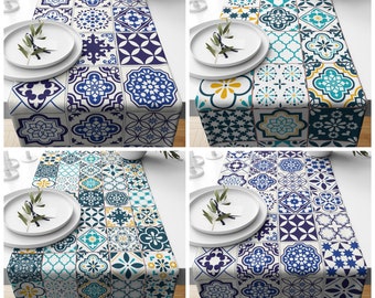 Tile Pattern Table Runner, Blue table runner, Spanish Table Runner, Moroccan Tile Table runner, Blue White Kitchen Decor, Navy Blue Runner
