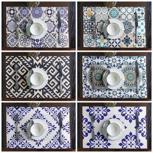 Blue White Placemat Set of 2 or 4, Tile Pattern Table mats, Fabric Placemat,  Mediterrenian Table Decor, Outdoor Placemat Sets