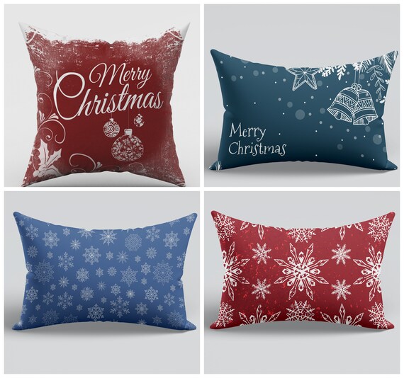 Christmas Pillow Covermerry Christmas Print Pillow Casered Snowflake Cushionsblue Xmas Decorchristmas Throw Pillowxmas Lumbar Pillow Etsy