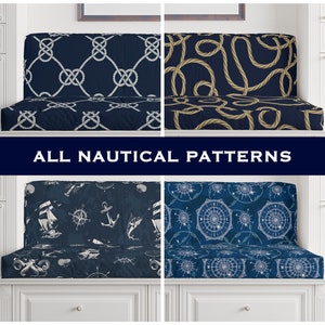 May include: Four different navy blue and white bench cushion covers with nautical patterns. The patterns include rope, anchors, compasses, and ships. The text "ALL NAUTICAL PATTERNS" is displayed in the center of the image.