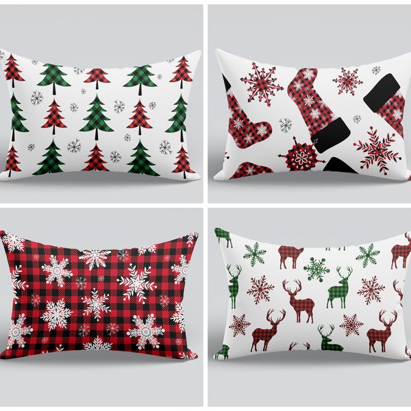 Christmas Pillow Cover|Red Plaid Pillow Cover|Red Black Buffalo Plaid Pillow|Pine Tree Cushion|Checkered Decor|Snowflake Throw Pillow Case