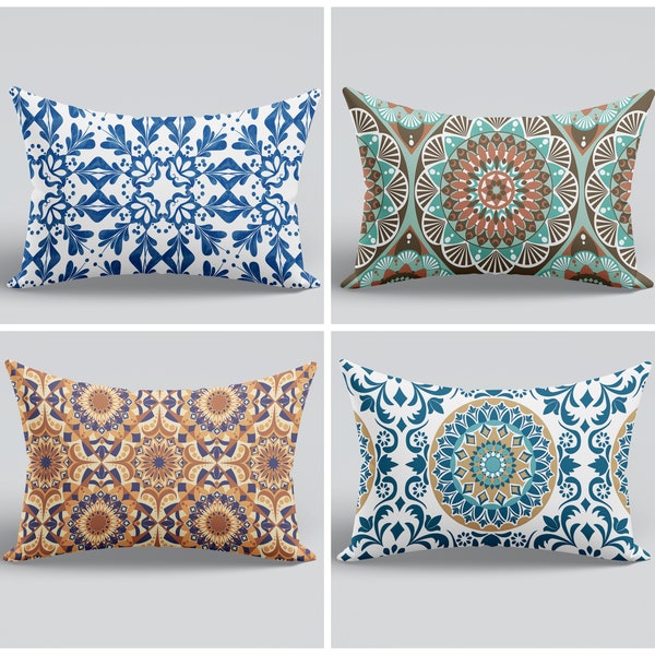 Tile Pattern Lumbar Pillow Cover|Spain Tile Cushion|Navy Blue Morocco Tile Pillow Case|Spanish Style Throw Pillow|Ethnic Spain Pillow Sham
