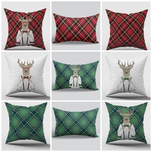 Christmas Plaid Pillow Cover|Christmas Buffalo Check Pillow Case|Red Plaid Cushions|Xmas Green Plaid Decor|Christmas Deer Decor|Deer Pillows