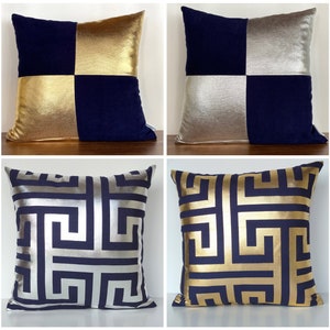 Navy Blue Gold and Silver Pillow Cover|Gold and Silver Pillow Cover|Navy Blue Throw Pillows|Silver Cushions|Gold Pillows|Navy Blue Pillow