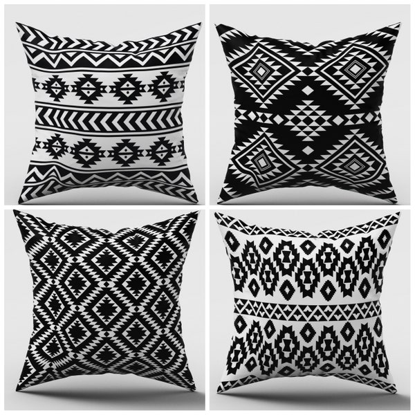 Housses d’oreiller du sud-ouest| Taie d’oreiller aztèque noir blanc | Oreiller ethnique Boho| Décoration intérieure en terre cuite| Étui à coussin géométrique| Oreillers doubles latéraux