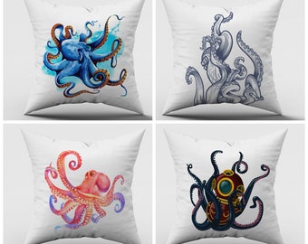 Octopus Pillow Cover|Nautical Pillow Case|Coastal Decor|Decorative Beach House Throw Pillow|Octopus Pillowcase|Marine Home Decor|Ocean Theme