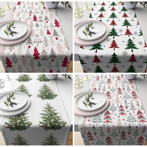 Runner da tavolo invernale con motivo a albero di pino, decorazioni natalizie, centrotavola personalizzati, tovaglie ad albero, decorazioni da tavolo invernali innevate