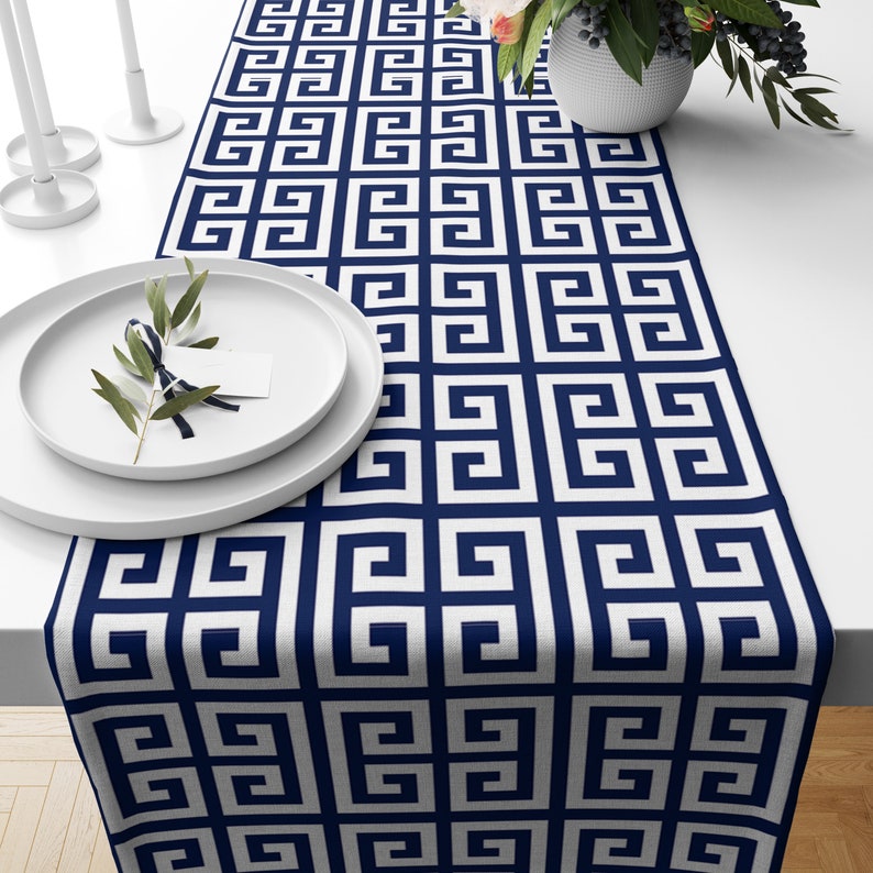 Greek Key Table Runner Navy White Tablecloth Greek Table Decor Custom Table Runner Geometrik Pattern Greek Key Border Navy and White 1