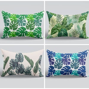 Tropical Leaves Lumbar Pillow Case|Green Plant Throw Pillow|Leaf Cushion Case|Botanical Home Decor|Decorative Pillow|Both Side Lumbar Pillow