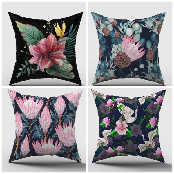 Housse d’oreiller Protea Flower| Lily Botanical Print Throw Pillow| Décor floral de cigogne| Taie d’oreiller rose bleu marine| Coussin de ferme| Boîtier double face