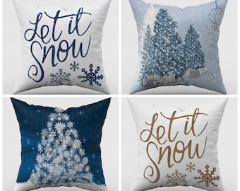 Winter Pillow Cover|Navy Blue Pillows|Winter Tree Decoration|Let it snow PillowCase|Xmas Tree Decor|Winter Trend Throw Pillow