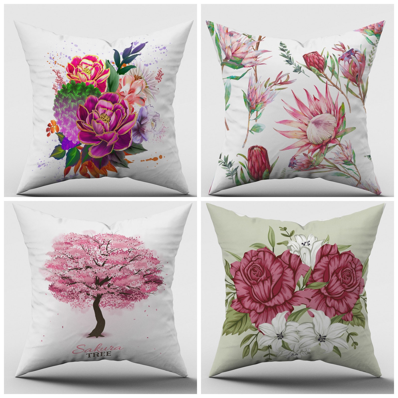 Pink Flower Pillow Coverbotanical Print Throw Pillowsakura Etsy
