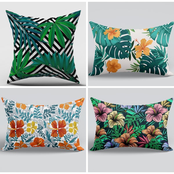 Outdoor Lumbar Pillow Cover|Summer Tropical Pillow Case|Lumbar Cushion Case|Leaves Throw Pillow|Tropical Flowers Leaves Pillow|Pillow Top