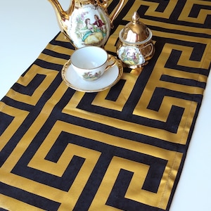 Gold Table Runner|Greek Key Table Runner|Black and Gold Table Runner|Metallic Gold Table Decor|Gold Foil Table Runner|Gold Theme Table Top