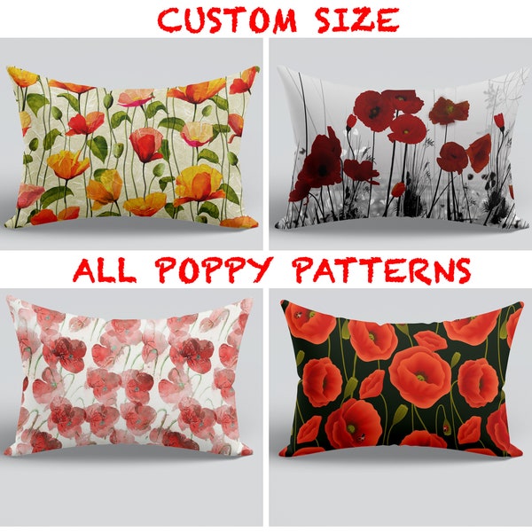 Poppy Pillow|Red Poppy Lumbar Pillow Cover|Red Gray Floral Decor|Poppy Throw Pillow|Poppy Cushion Case|Spring Decor|Both Side Lumbar Pillow