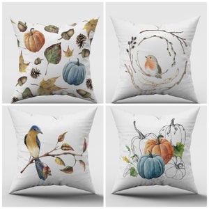 Fall Pillow Cover - Autumn Pillow Case- Blue Pumpkin Pillows - Fall Leaves  with Pumpkin- Fall Outdoor Pillow - Fall Cushion Cover