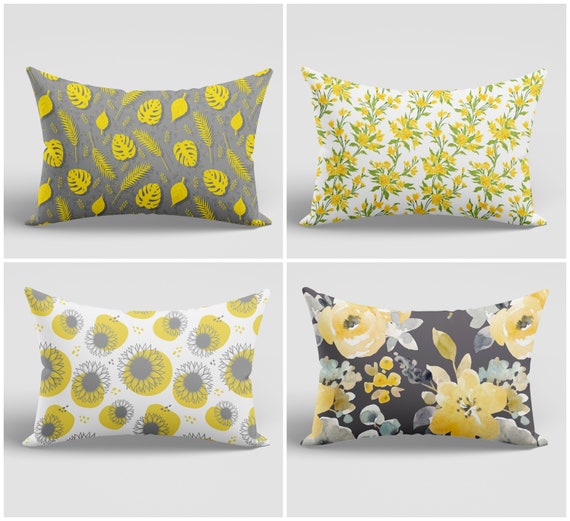 Yellow Gray Leaves Pillow Coverfloral Pillow Casefarmhouse Style Cushion Coverdecorative Throw Pillowtropical Home Decorinterior Design Etsy