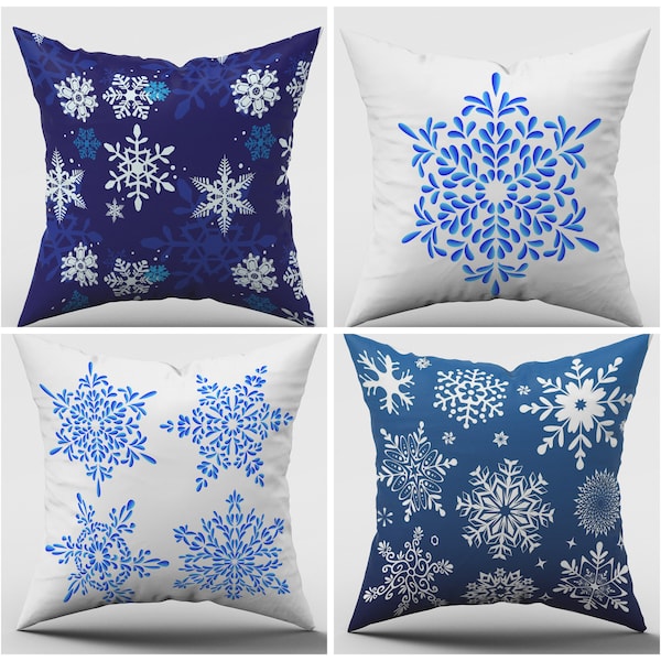 Snowflake Pillow Cover|Blue Winter Cushion Cover|Christmas Throw Pillow Case|Outdoor Pillows|Farmhouse Accent Pillow|Navy Blue Home Decor