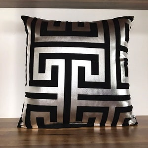 Silver Pillow Cover|Greek Key Pillow|Black and Silver Pillow Cover|Greek Key Home Decor|Silver Throw Pillows|Greek Key Cushion|Silver Decor