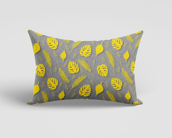 Yellow Gray Leaves Pillow Coverfloral Pillow Casefarmhouse Style Cushion Coverdecorative Throw Pillowtropical Home Decorinterior Design Etsy Canada