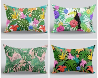 Tropical Lumbar Pillow Cover|Tropical Leaves Cushion|Leaves Throw Pillow|Outdoor Tropical Pillow|Sunbrella Pillow Case|12x24 10x20 12x20