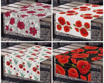 Navy Blue & Red Floral Poppy Design Fabric Table Runners 110cm 135cm 180cm 