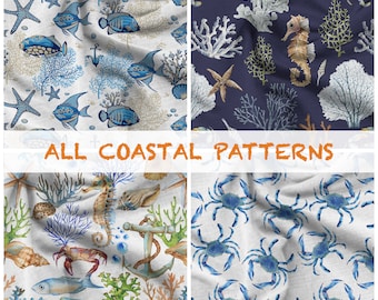 Coastal Fabric by the yard for home decor, Nautical Pattern print fabric, table runner, couch, sofa fabric cushion cover custom sewing