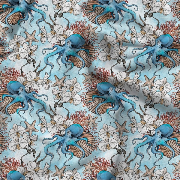 Coastal Fabric by the yard for home decor, Nautical Pattern print fabric, table runner, couch, sofa fabric cushion cover custom sewing
