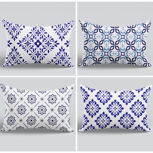 Spain Tile Pillow Cover|Navy Blue Lumbar Pillow|Morocco Tile Cushion Case|Spanish Style Pillow|Ethnic Spain Throw Pillow|Navy Blue Cushion