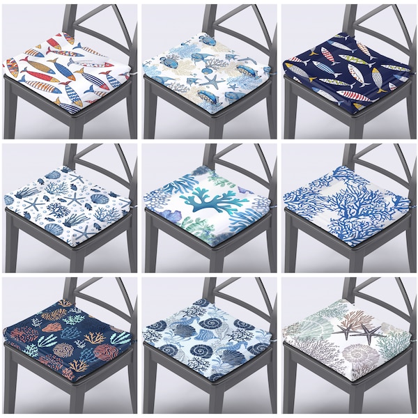 Nautical Chair Cushions & Covers Custom Kitchen Chair Pads 1.2 or 2 Inches Thick Foam Included Ties at the Back Zippered Easy to Wash